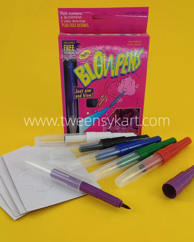 Blow Pens With Non Toxic Washable Colours With Free Stencil