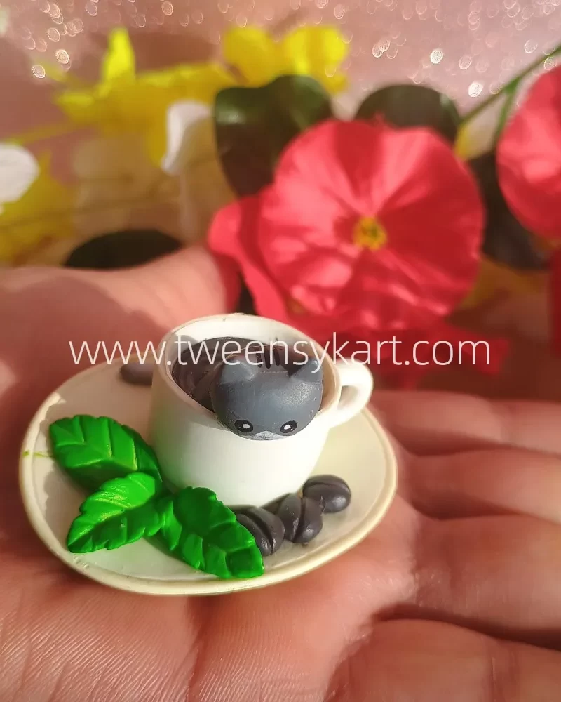 Miniature Cat in Tea Cup Plate & Mini Plate With Cat Inside