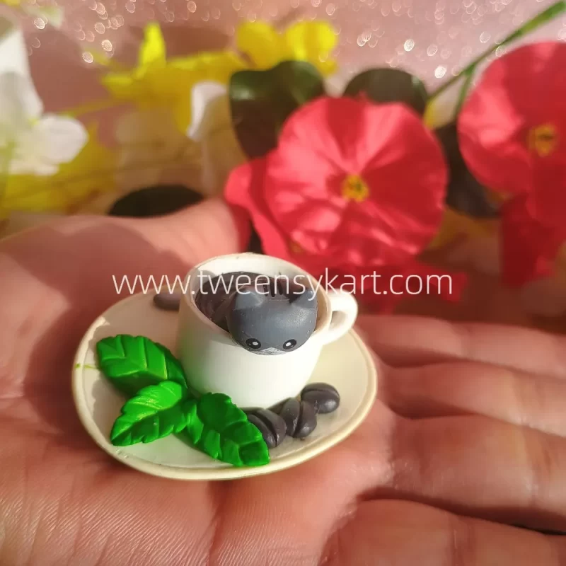 Miniature Cat in Tea Cup Plate & Mini Plate With Cat Inside