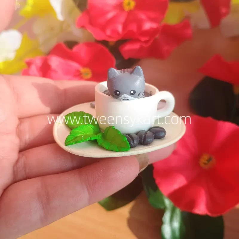 Miniature Cat in Tea Cup Plate & Mini Plate With Cat Inside